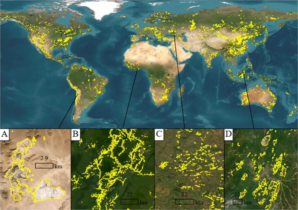  Global map showing concentrated areas of metal ore deposits, highlighting regions in South America, Africa, Asia, and Australia with yellow markings indicating the locations of metal ore resources and the global supply chain