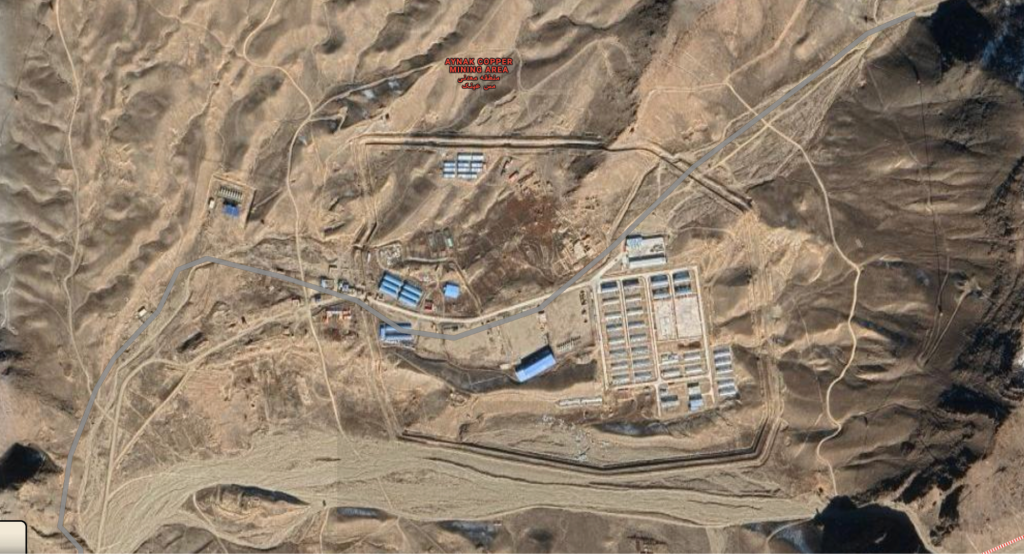 Aerial view of the Aynak Copper Mining Area in Afghanistan, showcasing the mining infrastructure and surrounding rugged terrain.