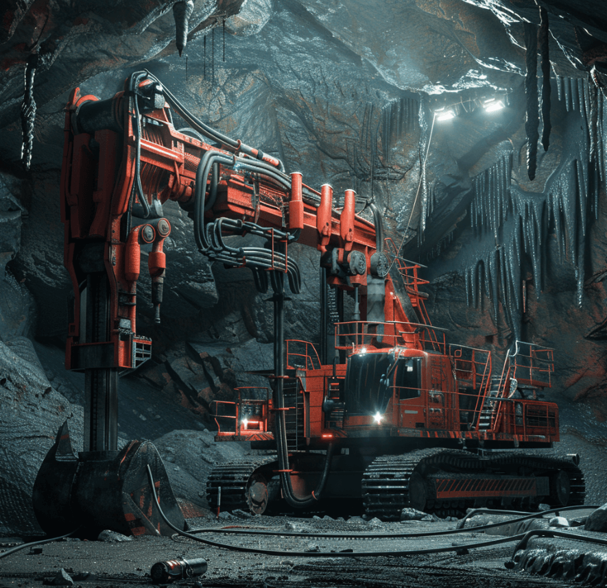 Robotic mining excavator operating autonomously in an underground mine with high-tech lighting.