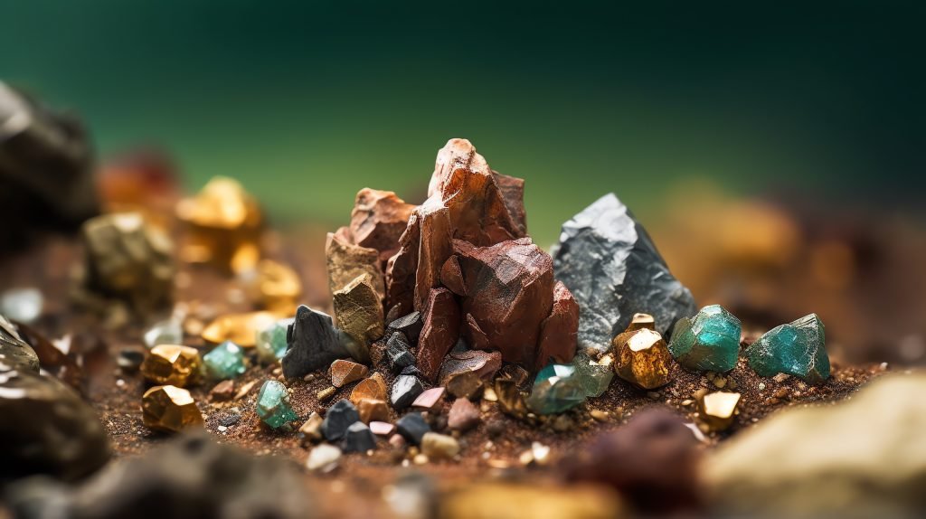 A collection of colorful raw minerals, including gold, emeralds, and various gemstones, displayed on a rich earthy background.